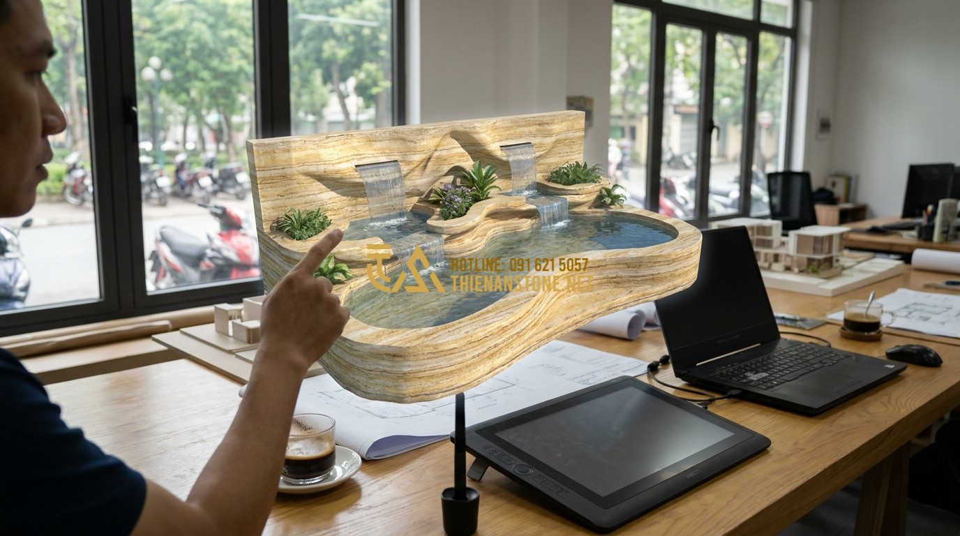 Tạo ảnh tiếng Anh: A professional architect pointing at a 3D blueprint of a modern Koi pond design, side view, office setting, high-tech tools on table, creative and professional atmosphere.