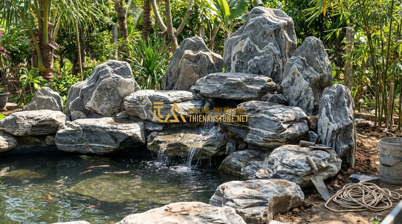 Tạo ảnh tiếng Anh: Artisans carefully placing large natural rocks around the edge of a Koi pond, creating a natural mountain-like landscape, water cascading over stones, professional craftsmanship, daylight.