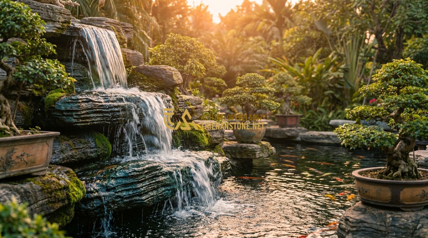Tạo ảnh tiếng Anh: A magnificent artificial waterfall flowing into a large Koi pond, surrounded by moss-covered stones and bonsai trees, sunset lighting creating a golden glow, hyper-realistic detail.