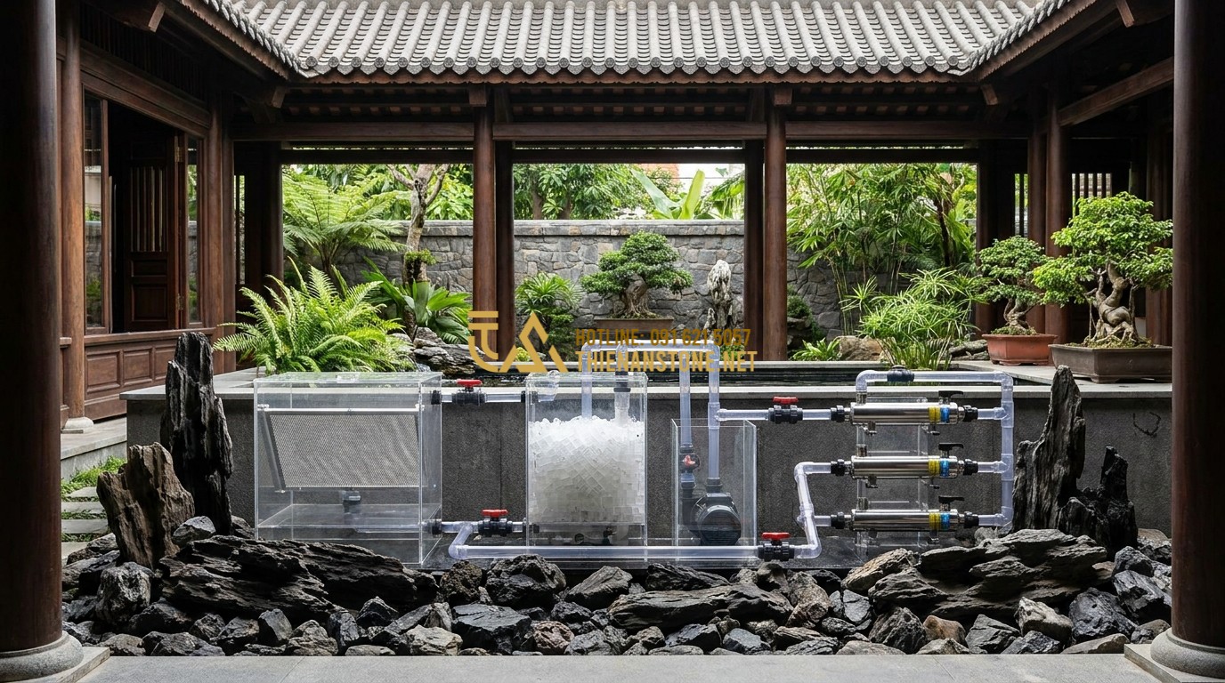 Tạo ảnh tiếng Anh: A detailed diagram of a high-tech Koi pond filtration system, showing chambers for mechanical and biological filtration, pumps, and UV lights, clean and professional look.