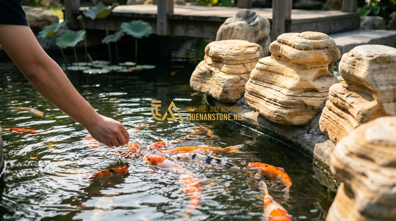 Tạo ảnh tiếng Anh: A person gently feeding colorful Koi fish by hand, sunlight reflecting on the water surface, a feeling of harmony and peacefulness, close-up shot.