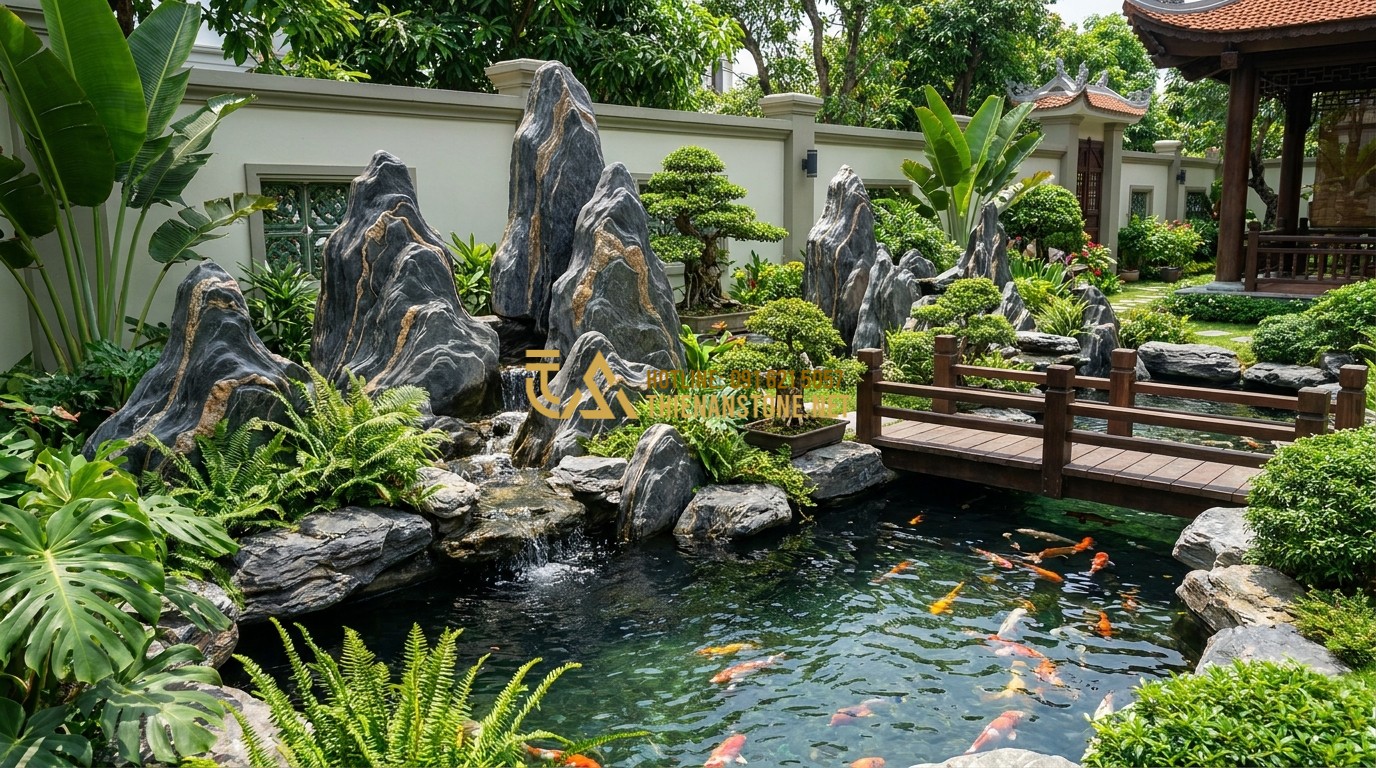 Tạo ảnh tiếng Anh: Professional team of Thiên An Stone standing proudly in front of a newly finished luxury Koi pond project, smiling, wearing uniforms, high-quality stone workmanship visible in the background.