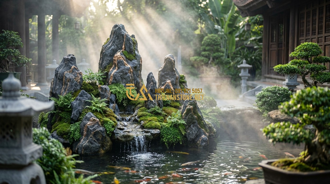 Tạo ảnh tiếng Anh: A high-end, traditional Vietnamese miniature mountain (Hon Non Bo) set in a luxury garden courtyard, featuring majestic stone peaks, lush moss, a gentle waterfall flowing into a clear koi pond, morning sunlight filtering through the mist, professional photography style.