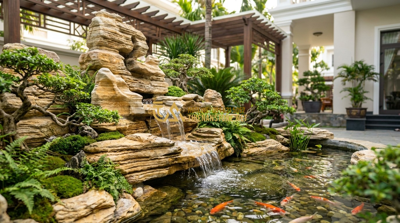 Tạo ảnh tiếng Anh: Professional feng shui landscape design for a luxury villa, showing a majestic stone mountain miniature with a flowing waterfall, gold fish swimming in the basin, lush green plants, zen atmosphere, photorealistic, 8k resolution.