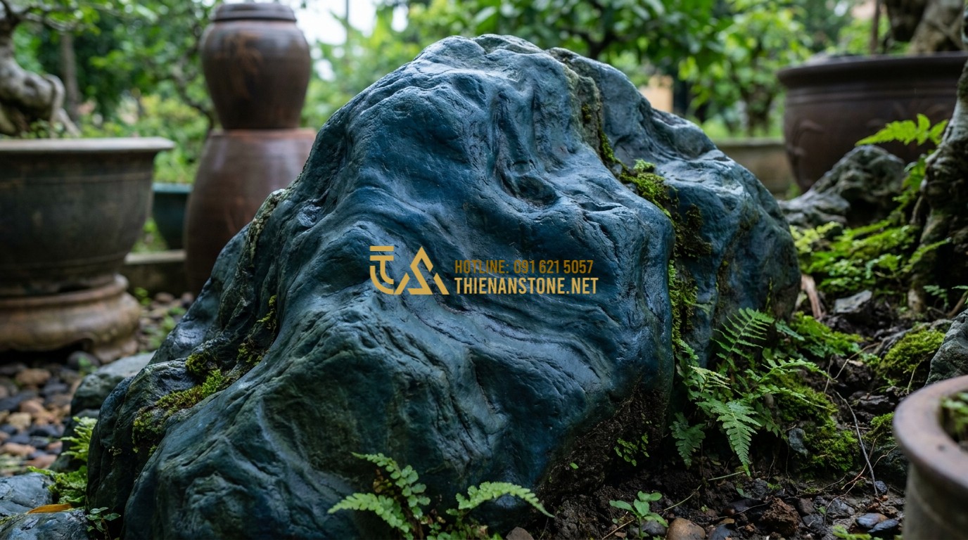 Tạo ảnh tiếng Anh: Close-up of natural stones for landscaping, comparing white snowflake stone (Tuyet Son) with its beautiful black veins and porous coral stone, craftsman hands touching the texture, soft outdoor lighting, highly detailed.