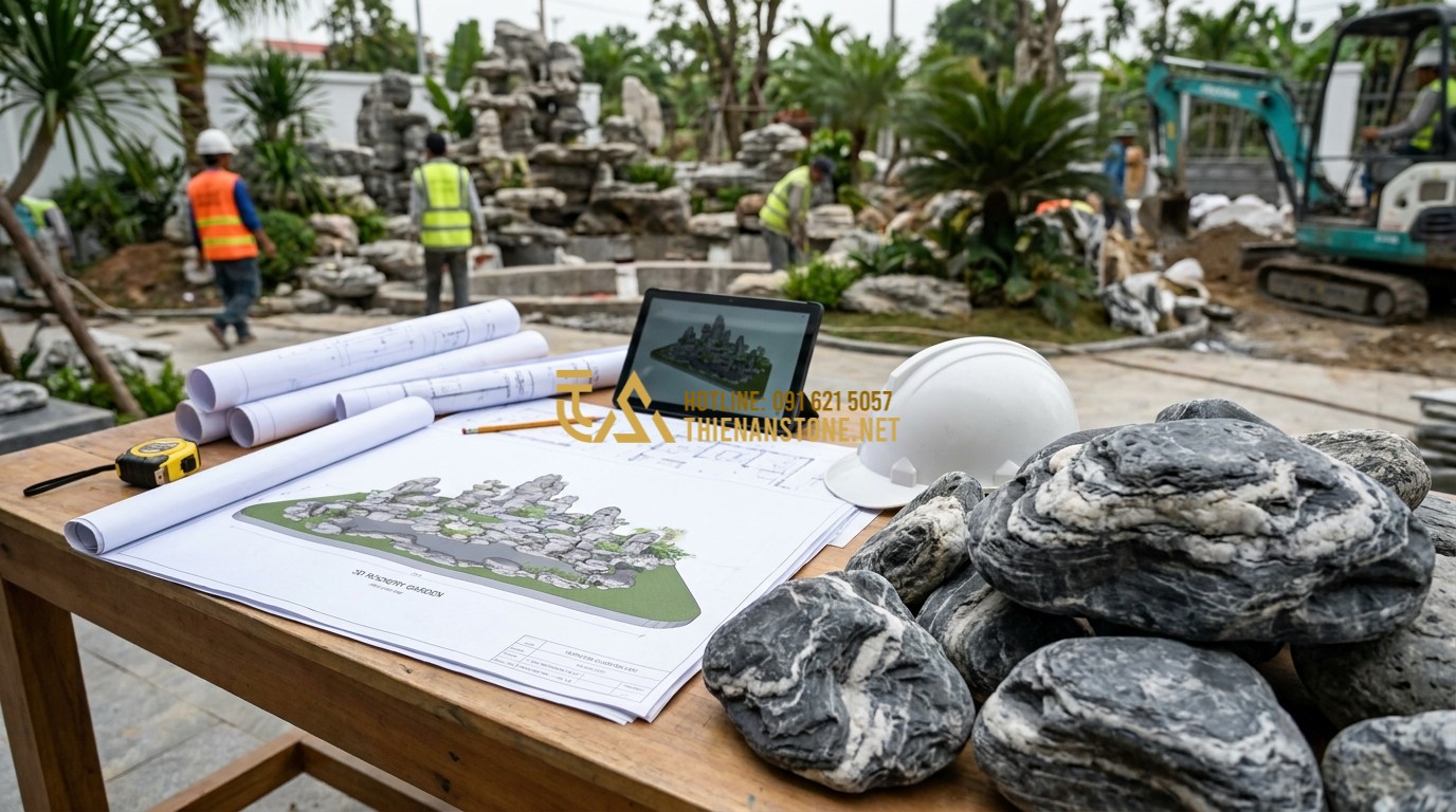 Tạo ảnh tiếng Anh: A professional landscape architect showing a detailed 3D blueprint of a rockery garden to a client, onsite at a construction garden, professional uniforms, architectural tools on table, blurred garden background.