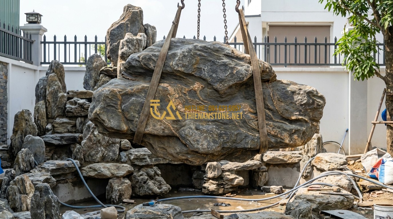 Tạo ảnh tiếng Anh: Skilled workers using a crane to carefully place a large natural rock onto a mountain structure in a residential garden, construction phase of a luxury rockery, water pipes visible, professional setting, daytime.