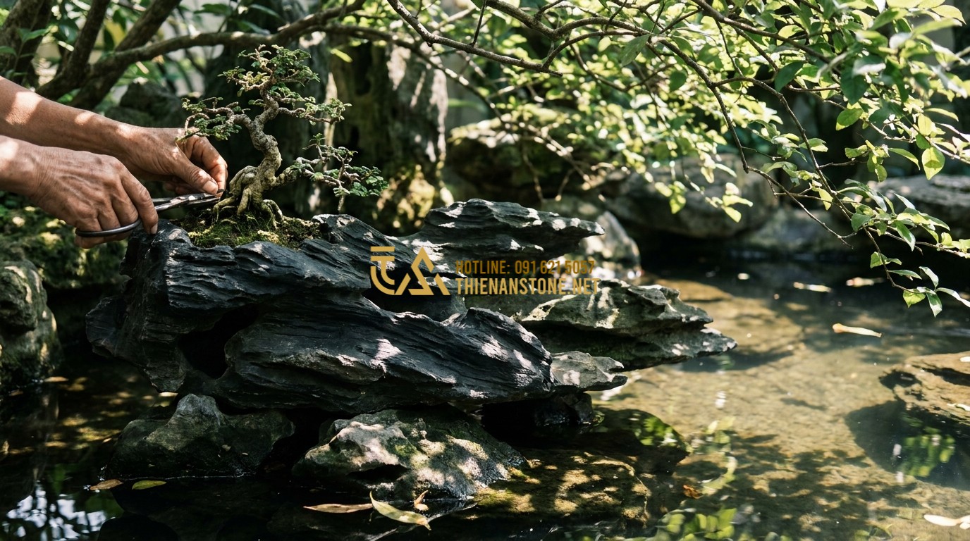 Tạo ảnh tiếng Anh: A homeowner pruning a small bonsai tree growing on a stunning rockery, clear water pond below, sunlight dappled through leaves, peaceful atmosphere, high quality garden maintenance concept.