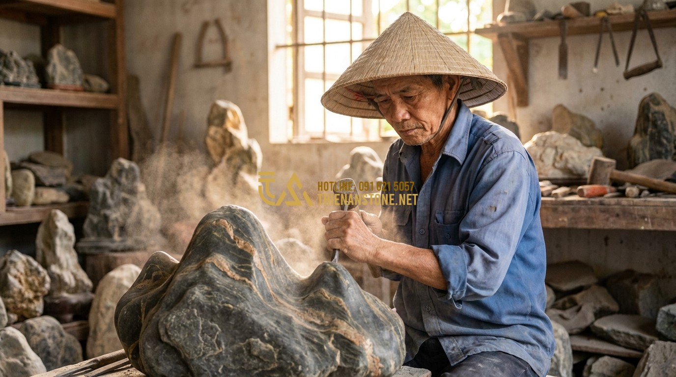 Tạo ảnh tiếng Anh: An elderly Vietnamese artisan master carefully carving a natural stone for a miniature mountain project, dust flying, concentrated expression, traditional workshop background with many stones, cinematic lighting.
