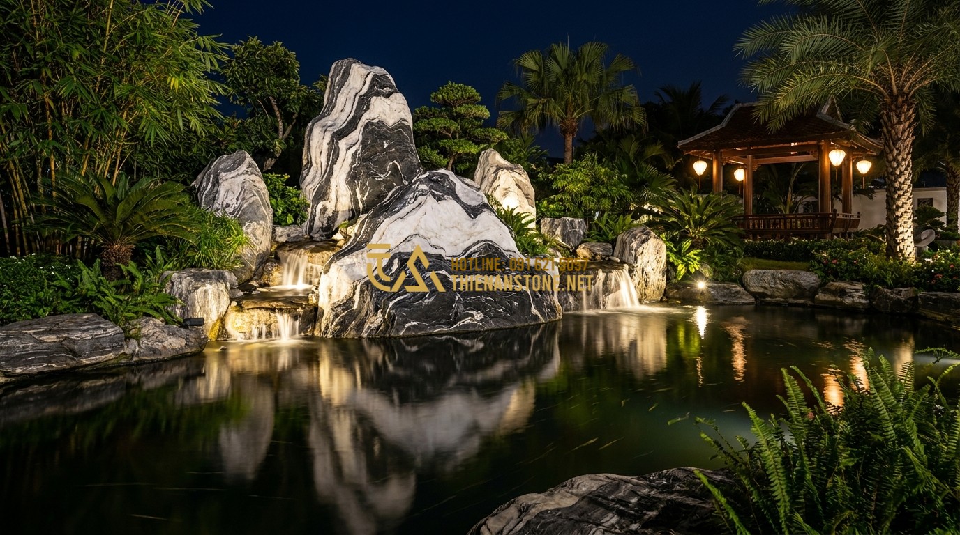 Tạo ảnh tiếng Anh: A finished masterpiece of a large scale rockery with waterfalls in a luxury resort garden, professional lighting at night, reflection in the water, serene and majestic, high-end commercial photography.