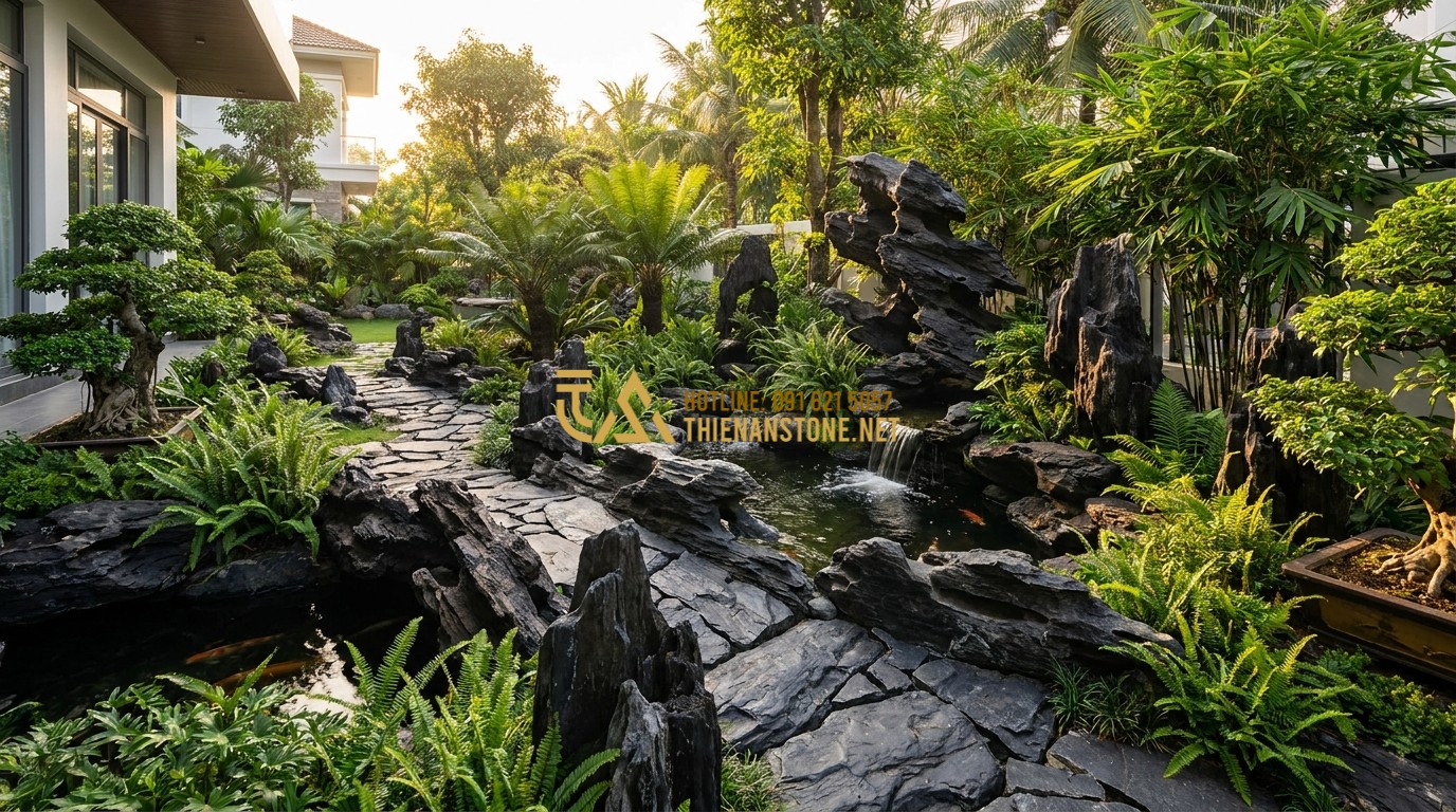 Tạo ảnh tiếng Anh: A professional landscape design layout showing the harmonious blend of greenery, natural stone paths, and a small water feature in a modern luxury villa garden, cinematic lighting, 8k resolution.