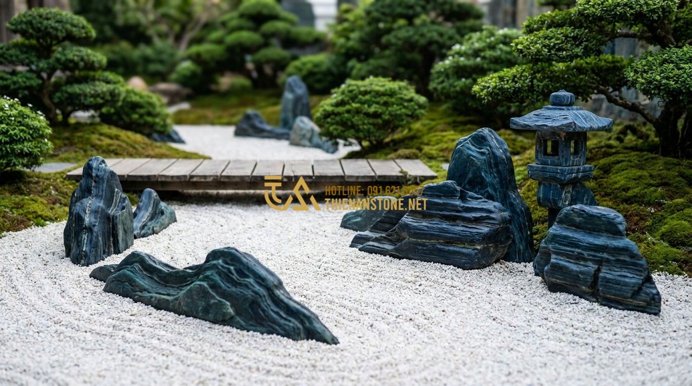 Tạo ảnh tiếng Anh: A serene Japanese Zen garden with meticulously raked white gravel, smooth boulders, a stone lantern, and a minimalist wooden bridge, peaceful atmosphere, high quality photography.
