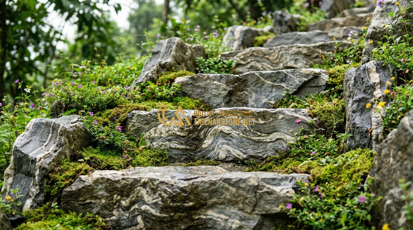 Tạo ảnh tiếng Anh: Close-up of natural stone steps integrated into a lush green hillside garden with wildflowers and moss, organic aesthetic, professional architectural photography.