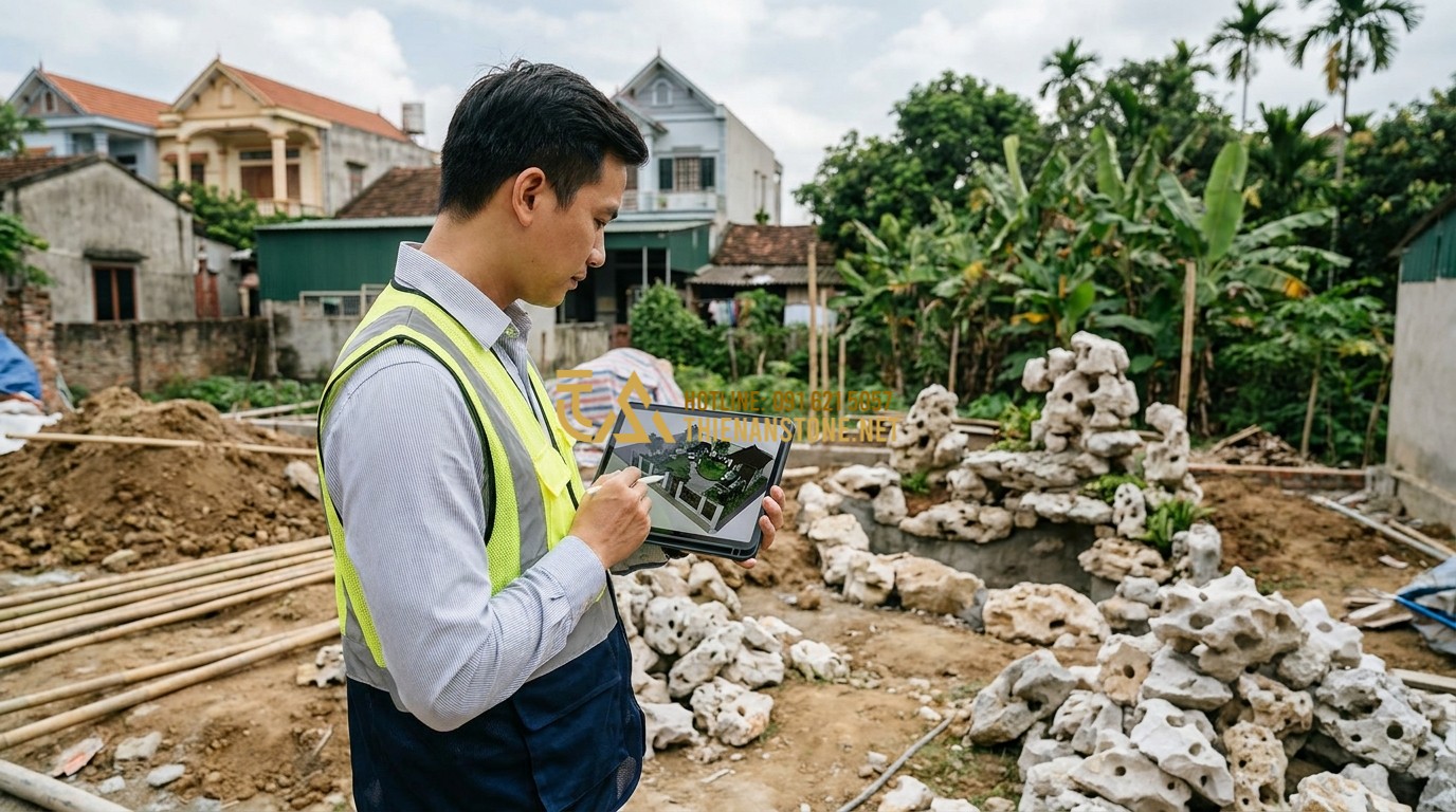 Tạo ảnh tiếng Anh: A professional landscape architect reviewing a 3D garden design plan on a tablet while standing in a partially finished backyard construction site, 4k resolution.