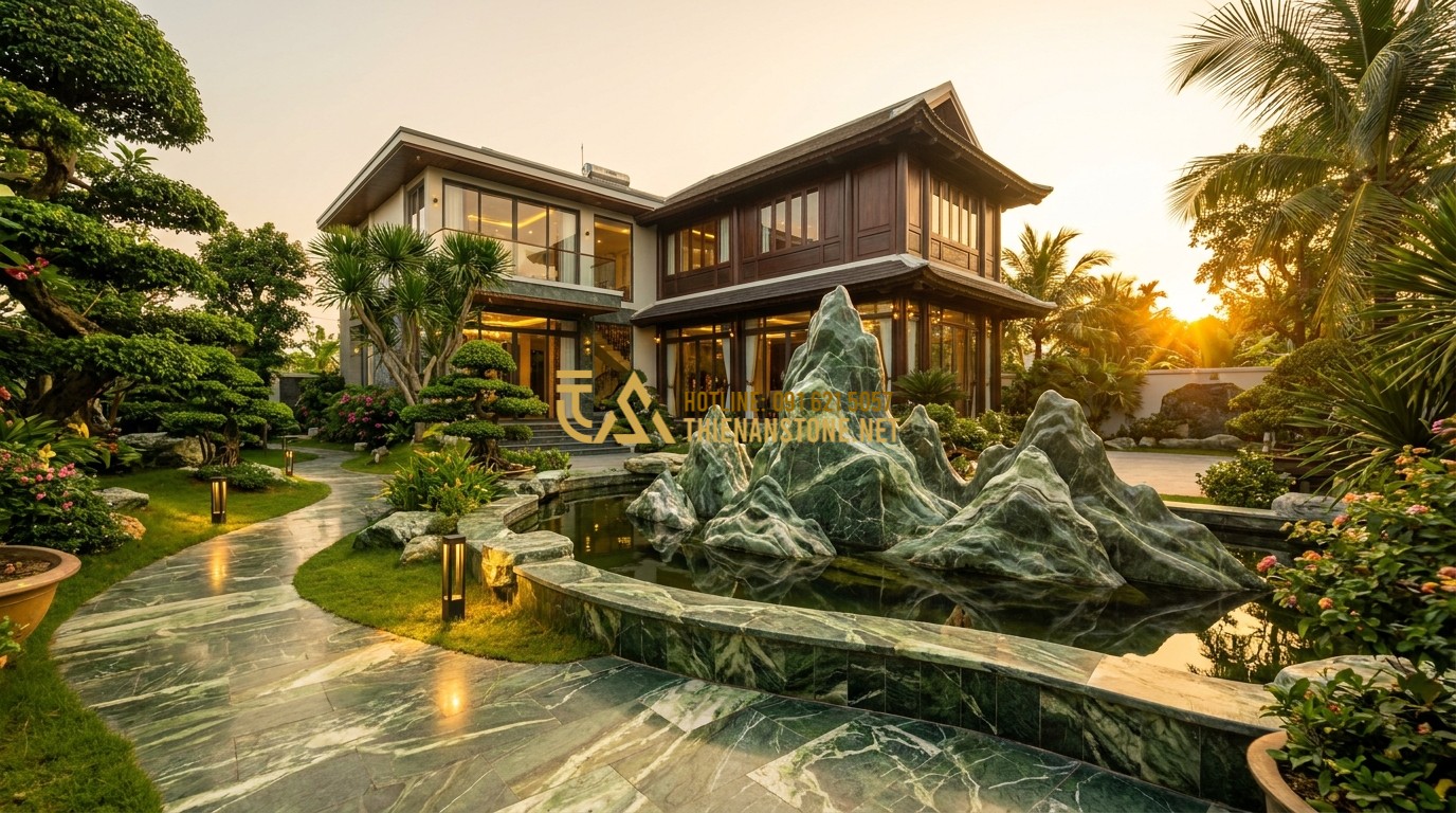 Tạo ảnh tiếng Anh: Wide shot of a luxury villa at sunset with a professionally designed garden, warm outdoor lighting illuminating the stone paths and trees, peaceful and high-end lifestyle aesthetic.