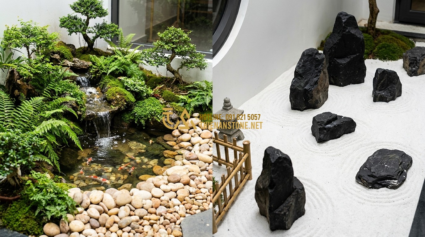 Tạo ảnh tiếng Anh: A diverse collection of indoor and outdoor miniature garden styles. One side shows a lush wet miniature landscape with a small waterfall and koi pond, while the other shows a minimalist dry Zen garden with white sand and black basalt stones. Professional landscape design concept, high detail.