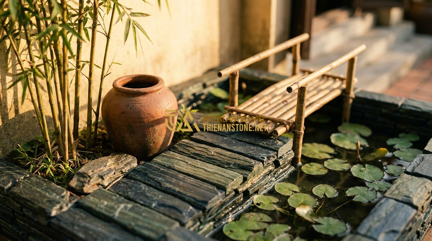 Tạo ảnh tiếng Anh: A nostalgic Vietnamese rustic miniature landscape featuring a small terracotta water jar, a cluster of bamboo, and a stone path. A miniature bridge crosses a tiny pond with lotus leaves. The atmosphere is warm, earthy, and evokes feelings of hometown memories. Traditional Vietnamese courtyard style, cinematic lighting.