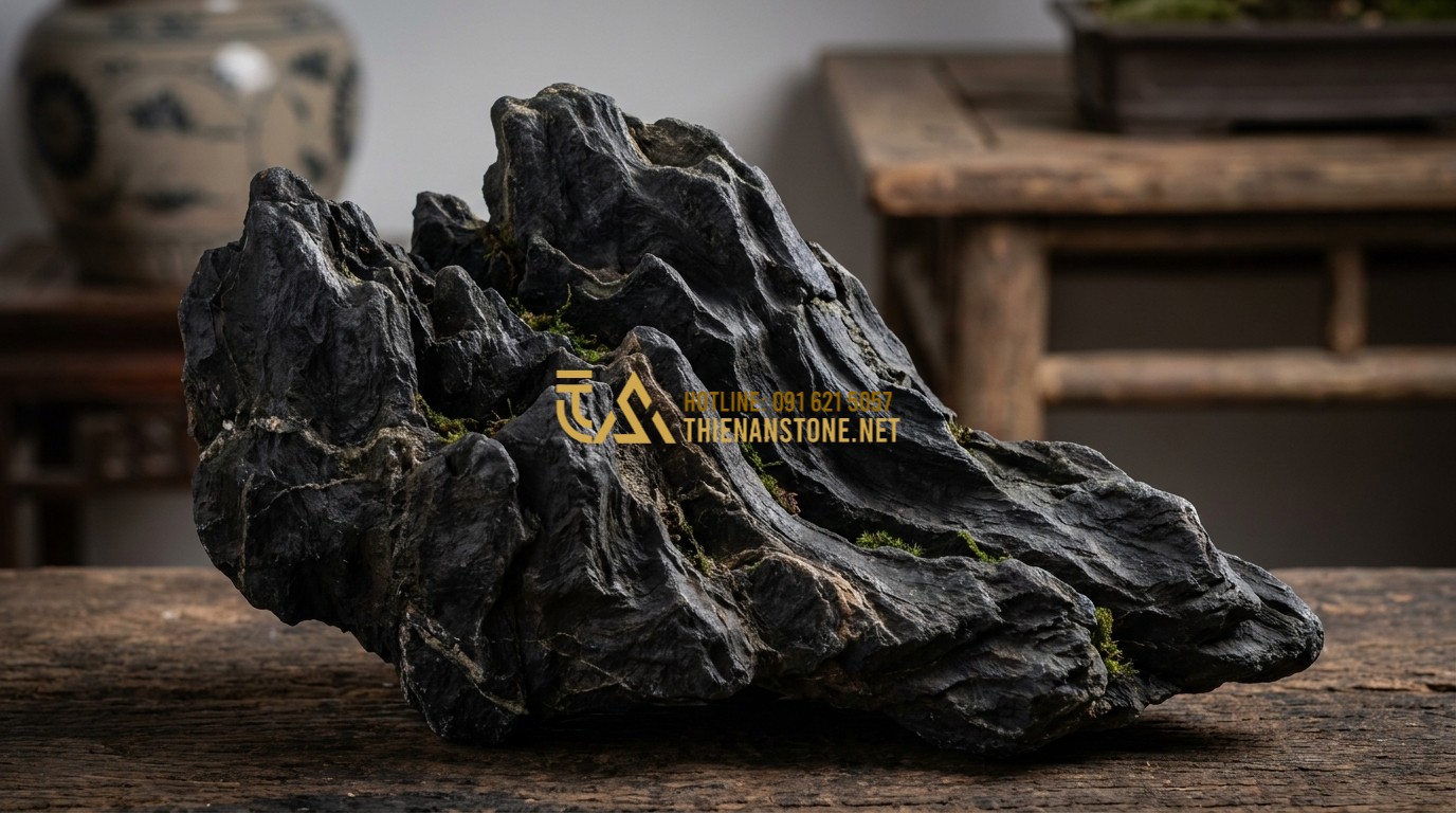 Tạo ảnh tiếng Anh: Close-up photo of various natural stones for garden miniature design: black driftwood stone, white quartz pebbles, and layered slate. The textures are rich and detailed, showing natural mineral veins and moss. Professional studio lighting, highlighting the raw beauty of natural materials.