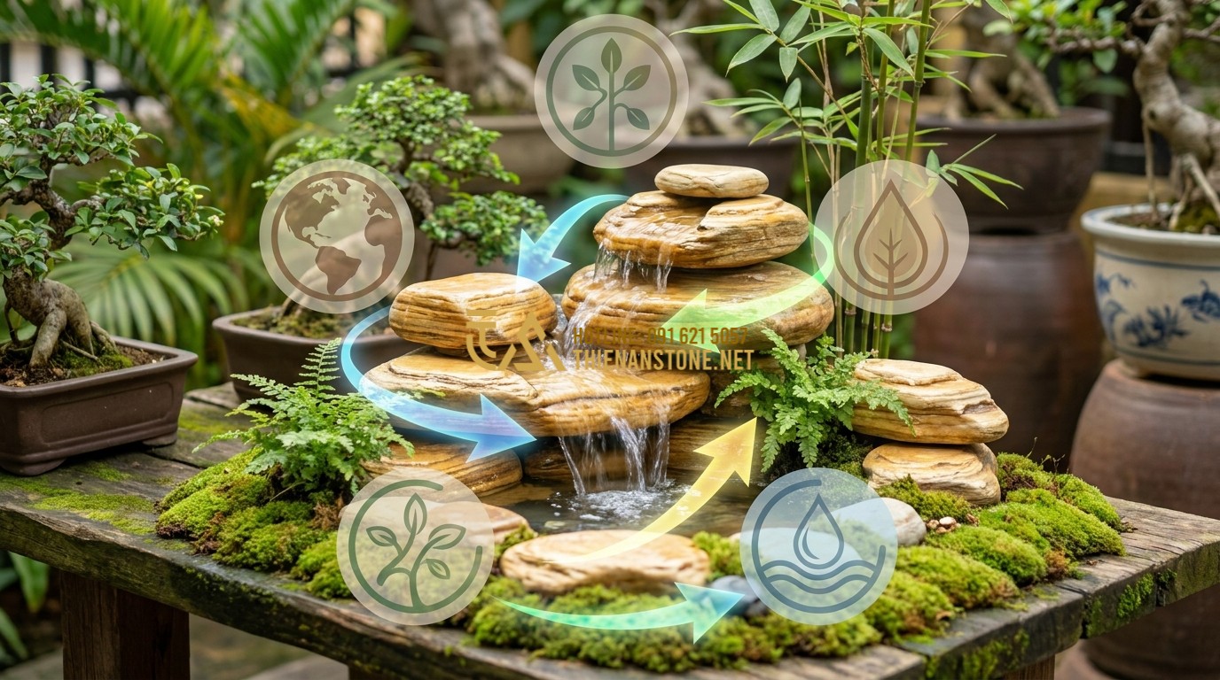 Tạo ảnh tiếng Anh: A conceptual illustration of Feng Shui elements in a miniature garden. Arrows of energy flow gracefully around a stone arrangement and a small waterfall. Icons of Earth, Wood, and Water elements overlap with the garden components. Harmonious, spiritual, and educational architectural diagram.