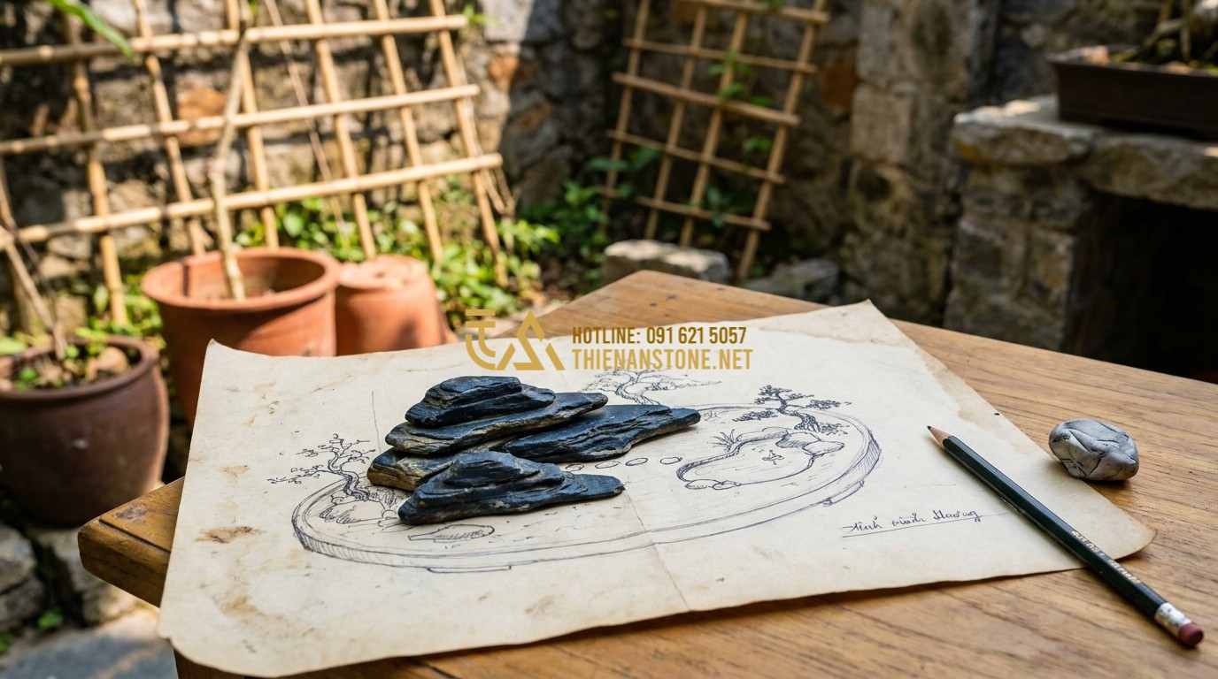 Tạo ảnh tiếng Anh: A professional architect from Thien An Stone conducting an on-site consultation with a homeowner. They are looking at a hand-drawn sketch of a backyard garden miniature project. The background shows an empty corner of a villa yard. Professional, collaborative, and creative atmosphere.
