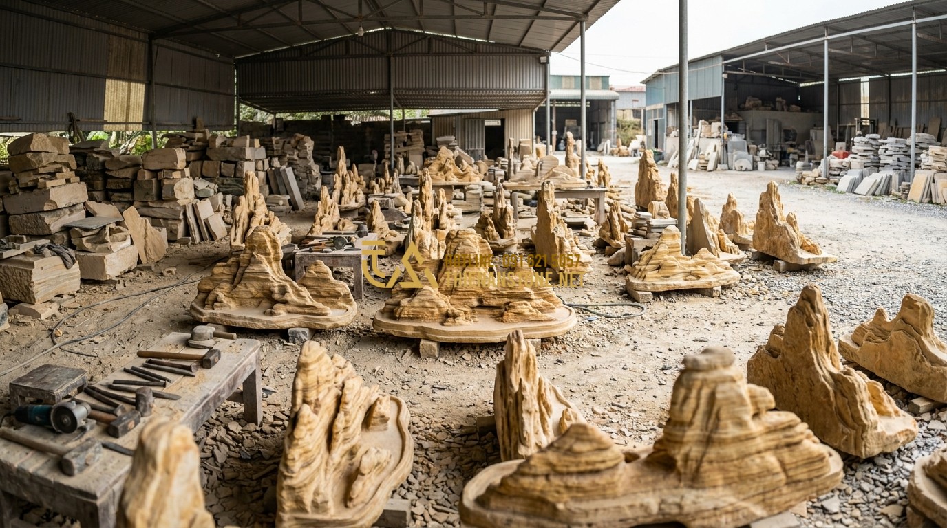 Tạo ảnh tiếng Anh: A wide panoramic shot of the Thien An Stone workshop (Xuong Da My Nghe Thien An) in Phu Tho province. Dozens of finished and in-progress stone miniature projects are displayed in the yard. Craftsmen are seen working diligently with traditional tools. Professional and grand industrial atmosphere.