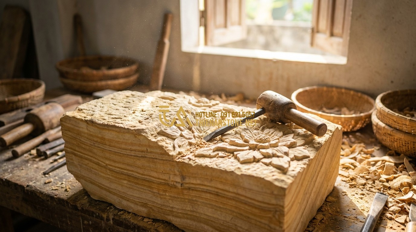 Tạo ảnh tiếng Anh: A master craftsman in a traditional workshop, meticulously carving intricate floral patterns onto a large natural stone block with a chisel and mallet, soft sunlight filtering through dust particles, professional photography style.