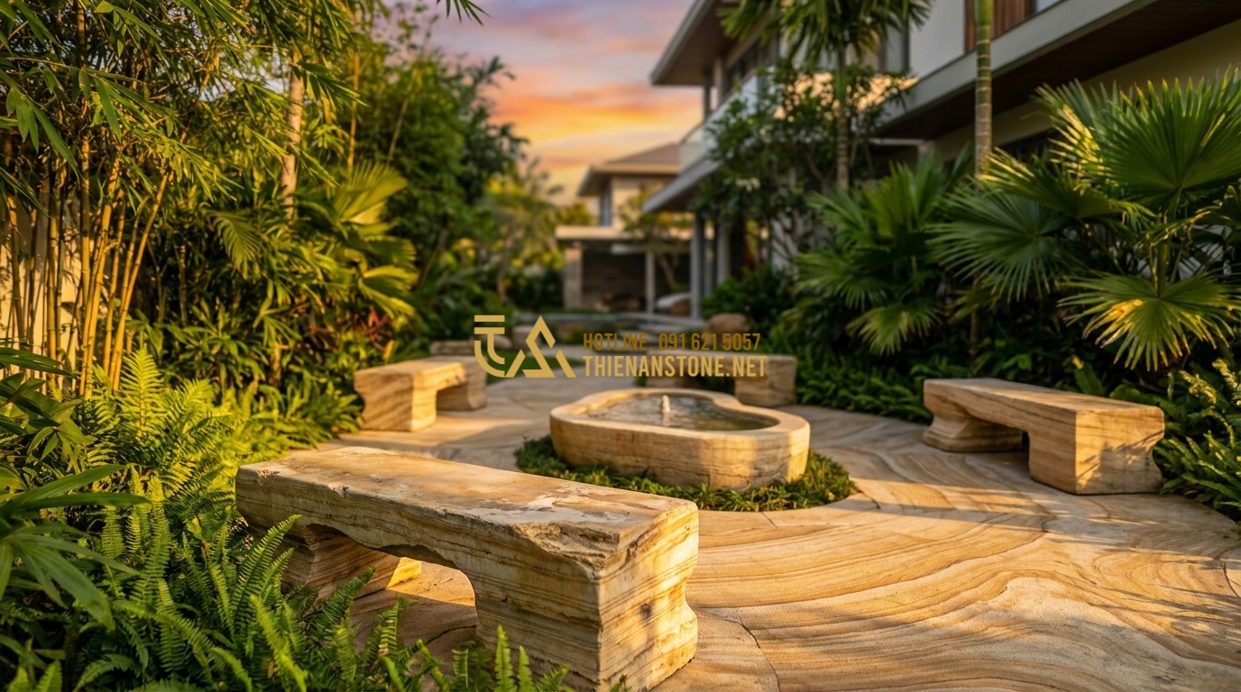 Tạo ảnh tiếng Anh: A luxurious modern villa garden with natural stone pathways, a serene stone fountain, and minimalist stone benches, lush greenery surroundings, high-end architectural photography, sunset lighting.