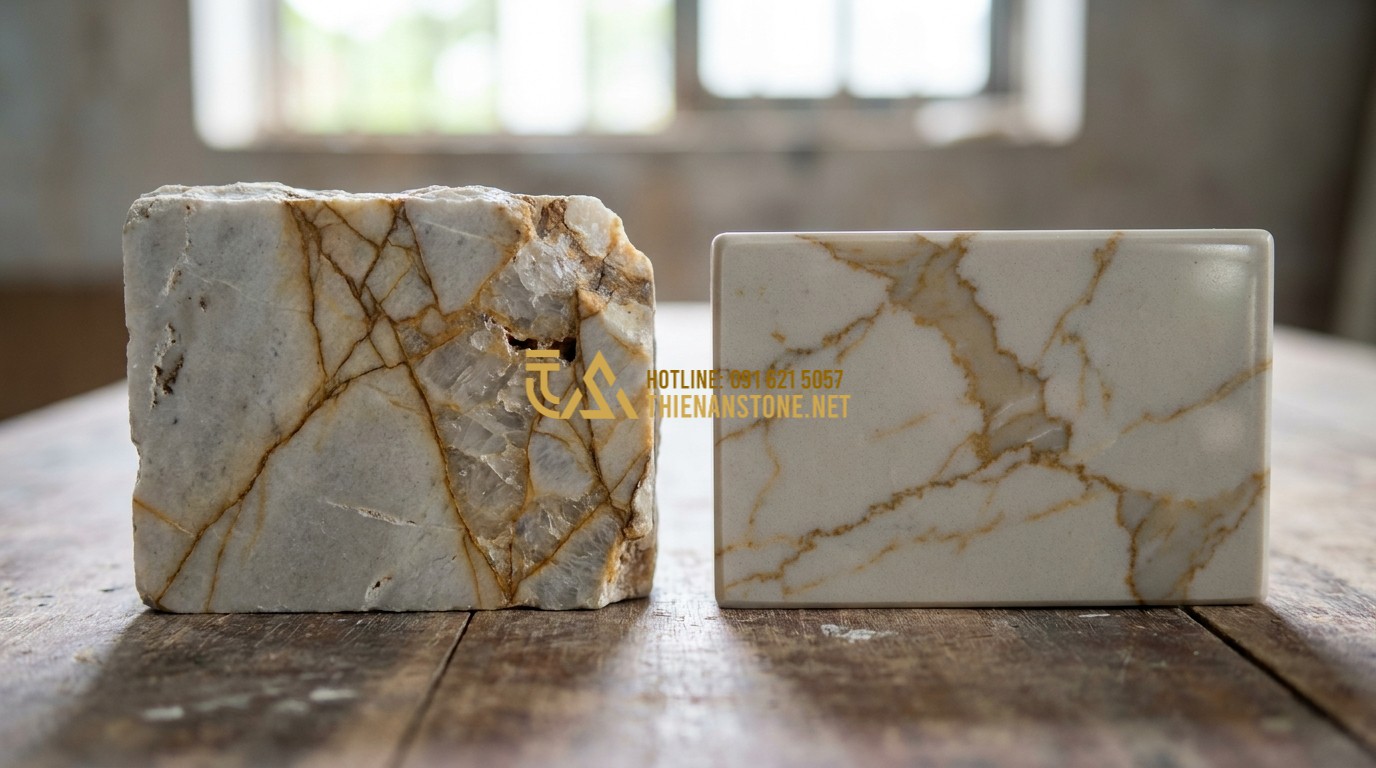 Tạo ảnh tiếng Anh: Close-up comparison of a raw natural marble texture versus a synthetic stone surface, highlighting the unique veins and crystalline structure of natural stone, macro photography, informative style.