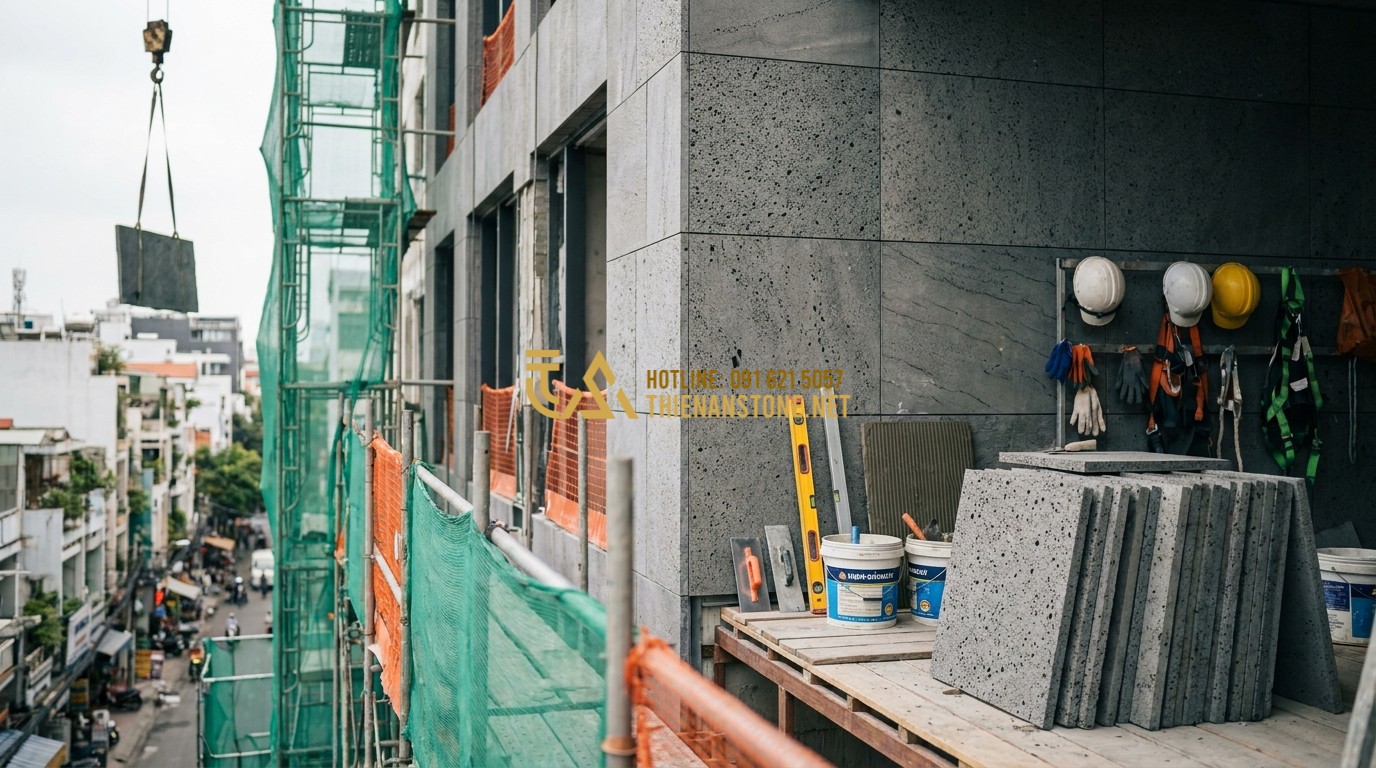Tạo ảnh tiếng Anh: Professional construction workers carefully installing large granite slabs on a building facade, using specialized leveling tools and high-quality adhesive, site safety equipment visible, industrial photography style.