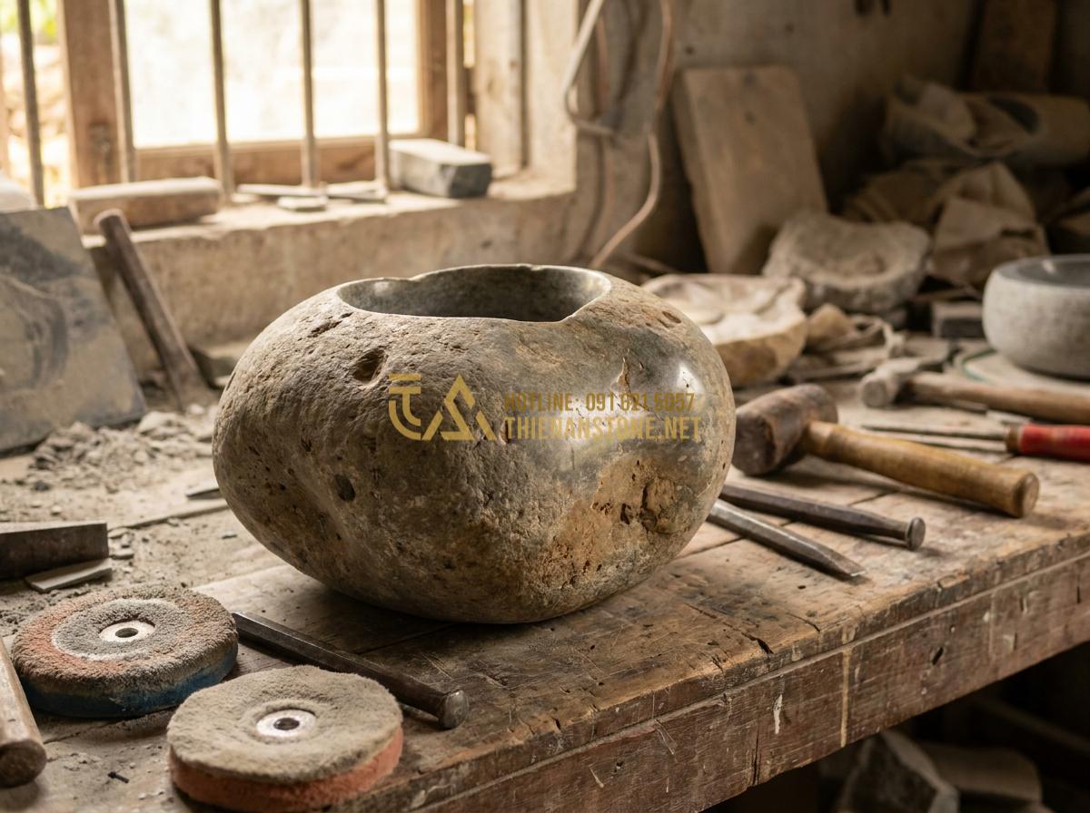Tạo ảnh tiếng Anh: Close-up professional image of high-quality natural granite stone water jar being hand-carved by skilled artisan in traditional Vietnamese stone workshop, tools visible, detailed texture and patterns, warm workshop lighting, realistic and authentic style, 8k resolution