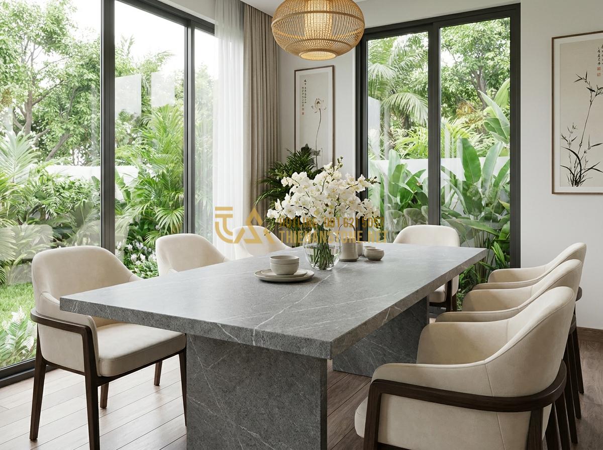 Tạo ảnh tiếng Anh: Elegant modern dining room featuring a large marble stone dining table with soft white veins, surrounded by comfortable upholstered chairs, natural daylight streaming through large windows, professional interior design photography, luxurious and inviting atmosphere with fresh flowers on table, ultra detailed 8k