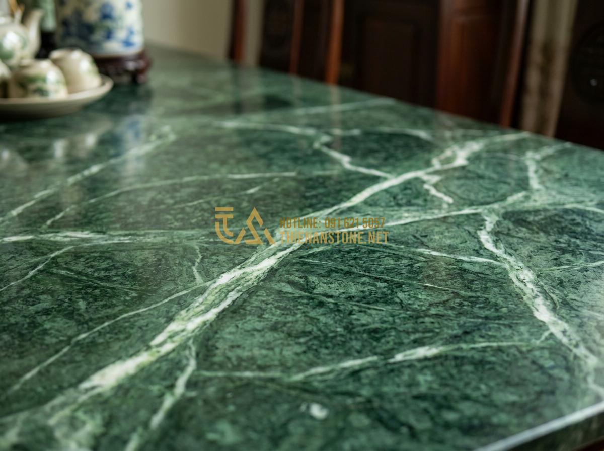 Tạo ảnh tiếng Anh: Close-up professional shot of three different natural stone dining table surfaces side by side - granite with speckles, marble with soft veins, quartz with smooth finish, high detail texture visible, studio lighting, luxury product photography style, 8k resolution