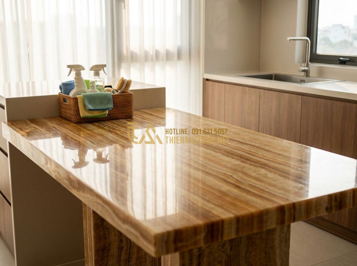 Tạo ảnh tiếng Anh: Clean and bright modern kitchen with a perfectly maintained white marble stone dining table, soft natural light, cleaning supplies neatly arranged nearby, professional lifestyle photography showing maintenance tips in action, ultra realistic 8k detail