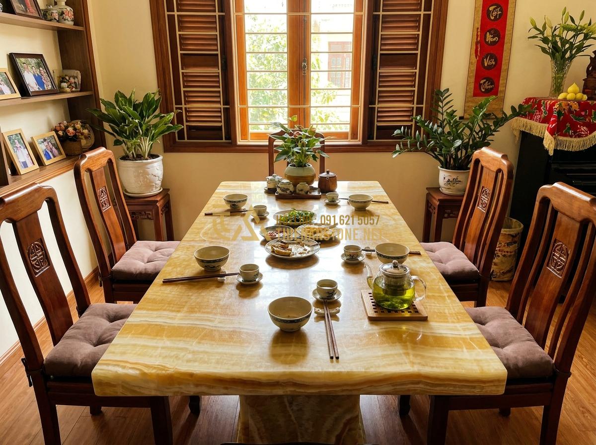 Tạo ảnh tiếng Anh: Happy Vietnamese family of four sitting around a beautiful natural stone dining table in their cozy home, smiling and enjoying dinner together, warm family atmosphere, realistic lifestyle photography, high emotional detail and 8k resolution