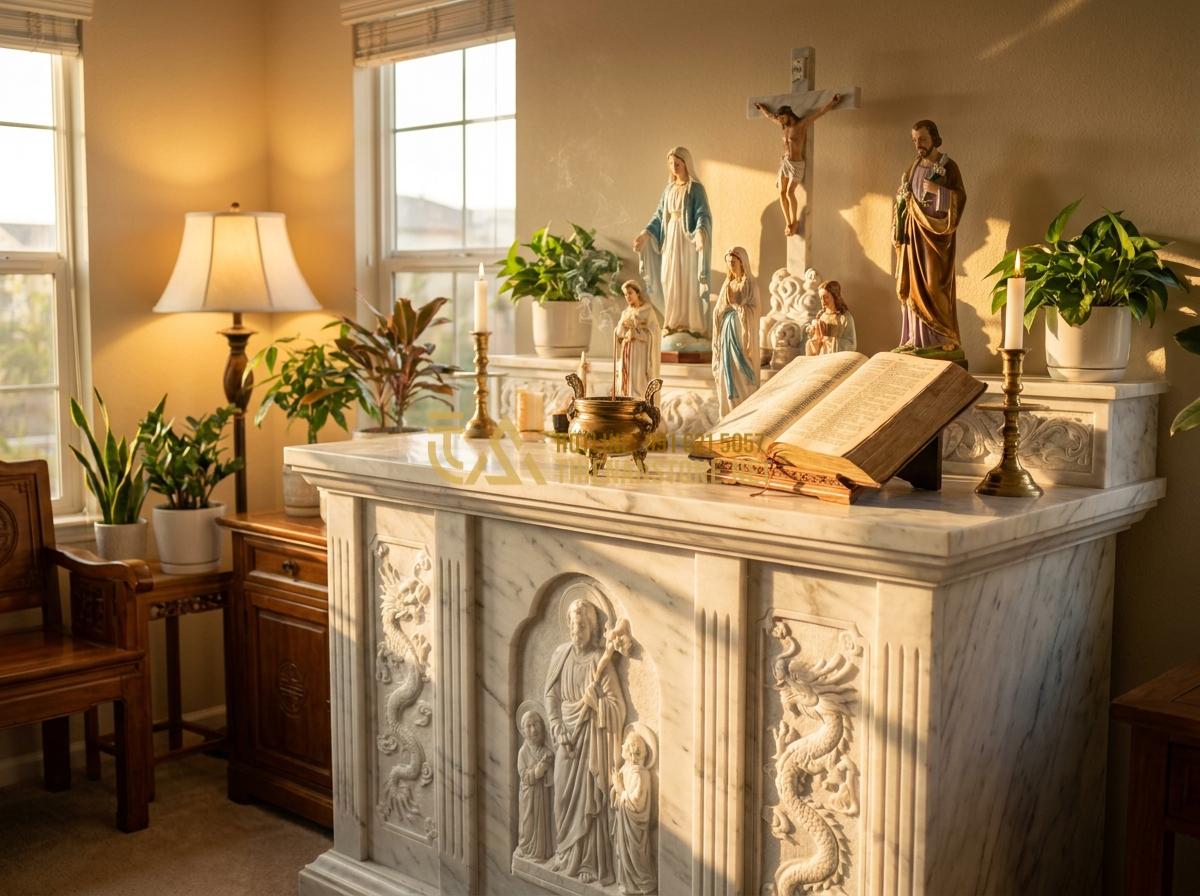 Tạo ảnh tiếng Anh: Detailed professional photograph of a traditional Vietnamese Catholic stone altar crafted from high-quality marble, placed in a cozy family prayer room, with religious statues, open Bible, incense, soft golden hour lighting, high detail, serene and sacred mood, realistic rendering