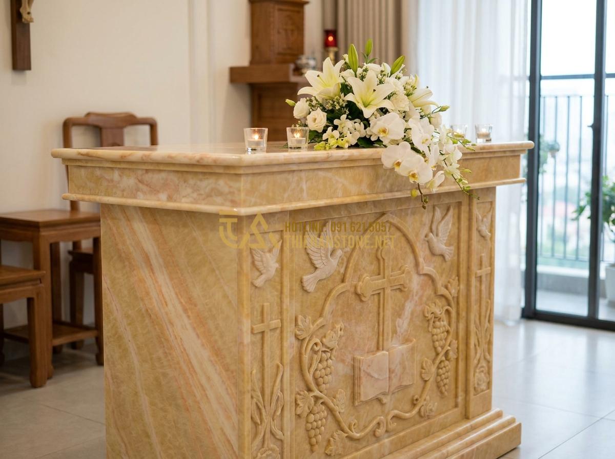 Tạo ảnh tiếng Anh: Elegant close-up view of a finished Catholic stone altar made of polished granite with intricate religious carvings, placed in a modern Vietnamese living room, soft ambient lighting, flowers and candles arranged beautifully, high detail, inspirational mood