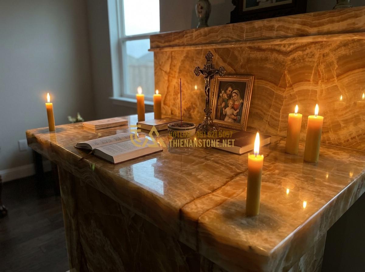 Tạo ảnh tiếng Anh: Warm and inviting image of a Catholic family praying together in front of their stone altar at home during evening prayer time, soft candlelight, peaceful expressions, realistic Vietnamese family, high emotional and spiritual impact, detailed stone texture visible