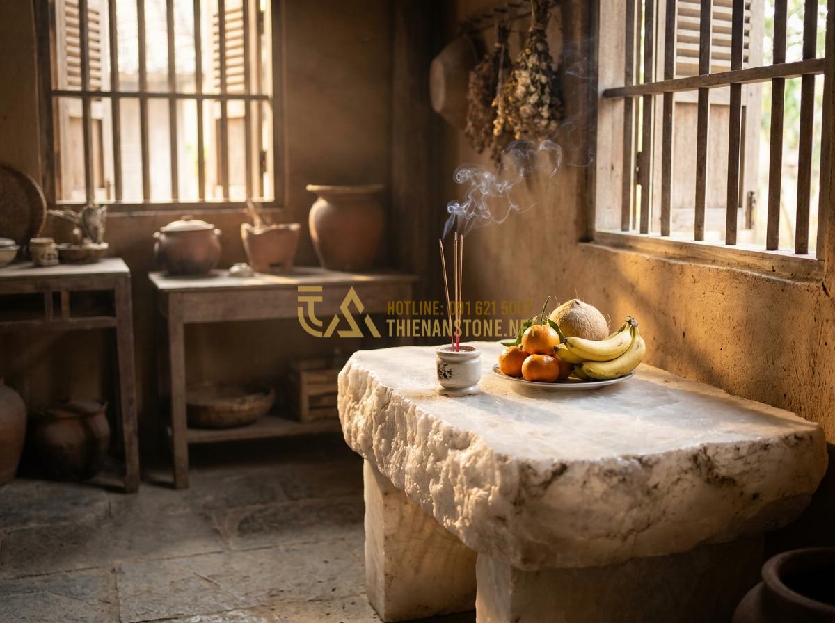 Tạo ảnh tiếng Anh: Professional high-resolution photograph of a beautifully crafted natural stone altar for Ông Địa (Earth God) placed in a traditional Vietnamese kitchen, with incense smoke gently rising, fresh fruits offered, soft morning sunlight filtering through wooden windows, warm earthy tones, realistic details, cinematic lighting, emotional and serene atmosphere, 8k quality, photorealistic