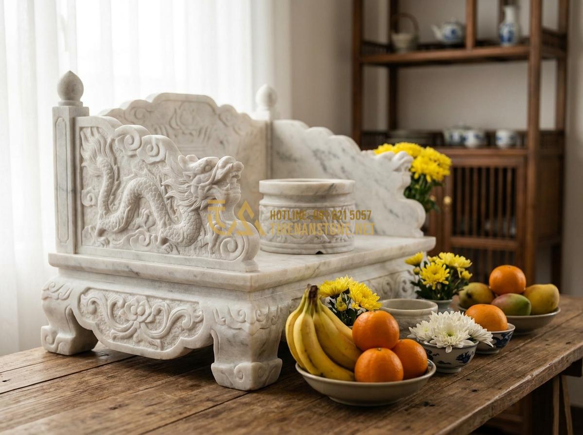 Tạo ảnh tiếng Anh: Close-up professional photo of intricate hand-carved natural granite stone altar for Ông Địa with traditional Vietnamese motifs like dragons and clouds, placed on a wooden table with offerings of fruits and flowers, soft natural lighting, high detail texture of stone veins, warm inviting atmosphere, photorealistic 8k, emotional cultural heritage vibe