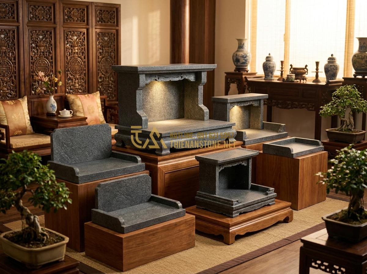 Tạo ảnh tiếng Anh: Wide angle professional studio shot of various sizes of natural stone Ông Địa altars displayed elegantly in a showroom with soft spotlights highlighting stone textures, realistic Vietnamese cultural setting, high-end photography style, warm color palette, detailed craftsmanship visible, 8k resolution, inviting and luxurious feel