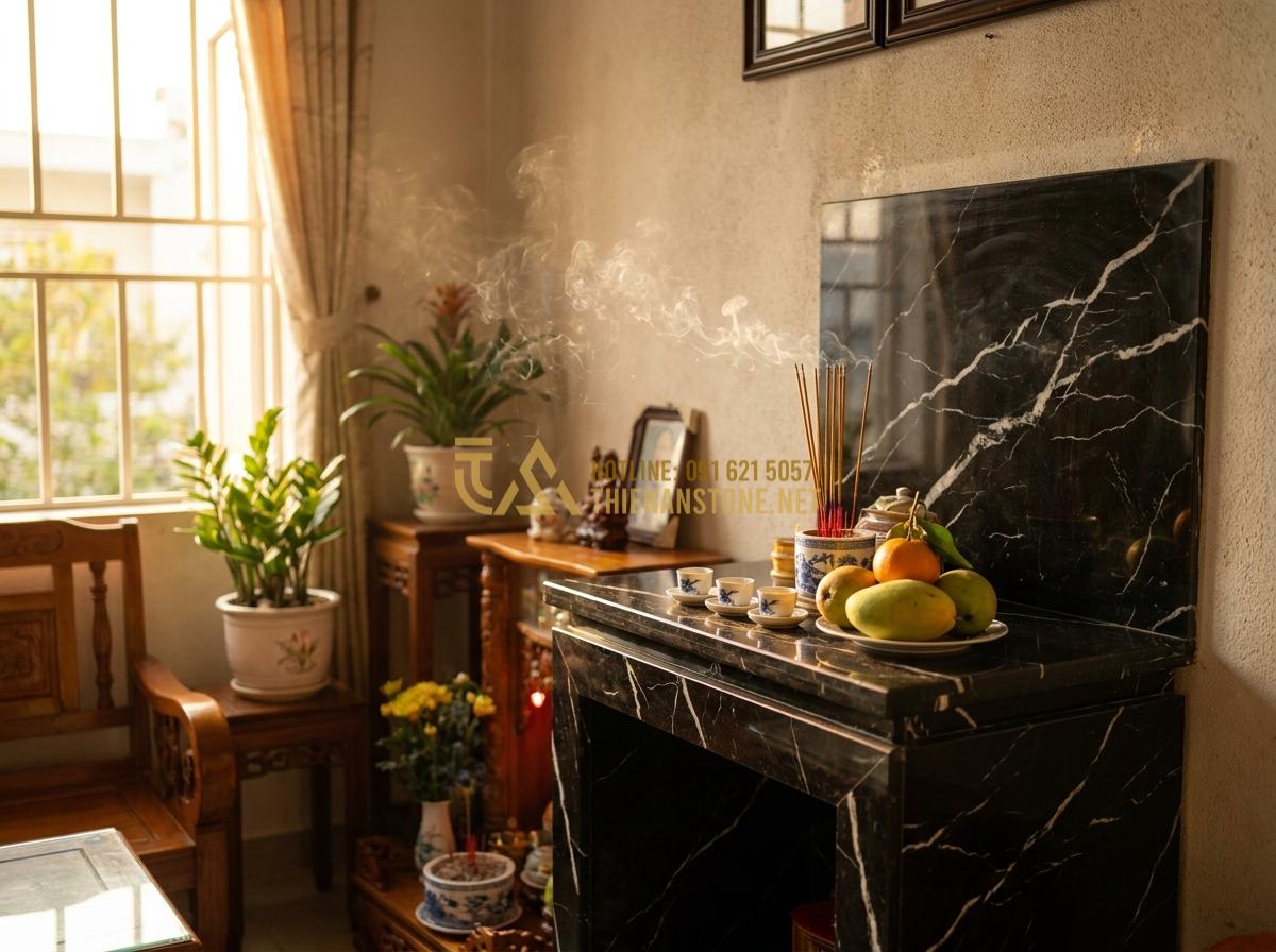 Tạo ảnh tiếng Anh: Realistic photo of a family in traditional Vietnamese clothing respectfully offering incense and fruits at a stone Ông Địa altar in their cozy home living room, warm family atmosphere, soft golden hour lighting, emotional and heartfelt scene, high detail, photorealistic 8k quality