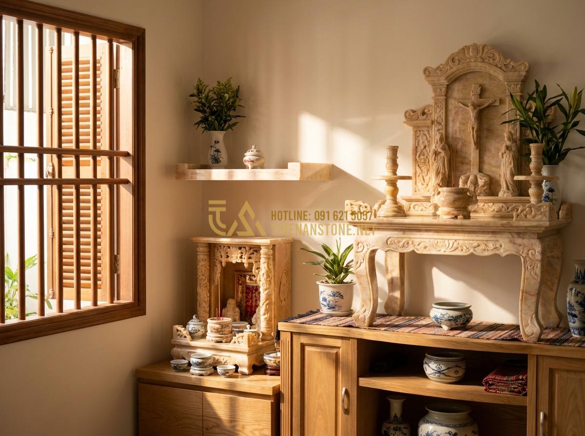Tạo ảnh tiếng Anh: Artistic professional image showing a collection of natural stone worship items including Ông Địa altar, heaven altar, and Catholic stone altar displayed together in a harmonious Vietnamese home interior, soft ambient lighting, cultural fusion theme, realistic textures, emotional spiritual atmosphere, 8k photorealistic