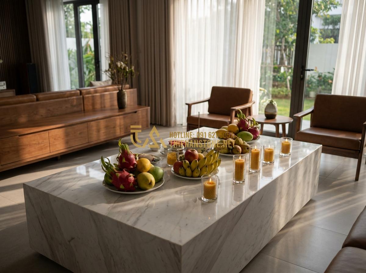 Tạo ảnh tiếng Anh: Elegant wide-angle view of a luxurious stone heavenly altar table in a modern Vietnamese living room, featuring polished natural stone surface with offerings of fruits and candles, harmonious interior design with wooden furniture, soft ambient lighting, professional product photography, high-end realistic style