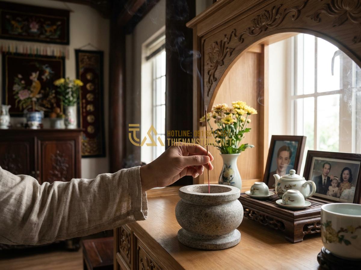 Tạo ảnh tiếng Anh: Detailed realistic image showing a person carefully placing incense into a stone incense burner on an altar, soft natural light from window, peaceful home interior with traditional Vietnamese elements, high resolution, emotional and serene mood