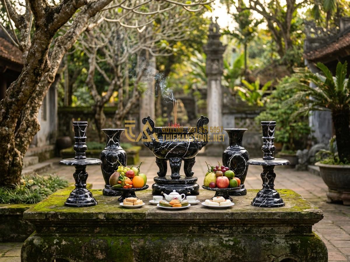 Tạo ảnh tiếng Anh: Wide angle professional photograph of a complete traditional Vietnamese stone worship altar setup featuring a central stone incense burner, paired with stone candle holders and offerings, intricate details, warm ambient lighting, cultural and sacred atmosphere, photorealistic style