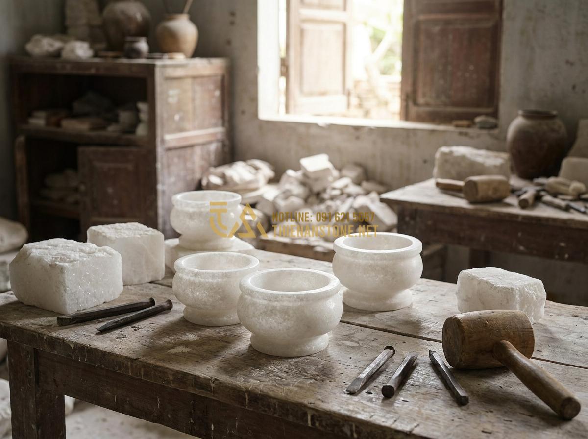 Tạo ảnh tiếng Anh: Artistic image of multiple handcrafted stone incense burners displayed in a workshop setting at Thien An Stone, tools and raw stone blocks visible, craftsmen at work in background, natural daylight, professional product photography style, high detail and authentic Vietnamese craft atmosphere