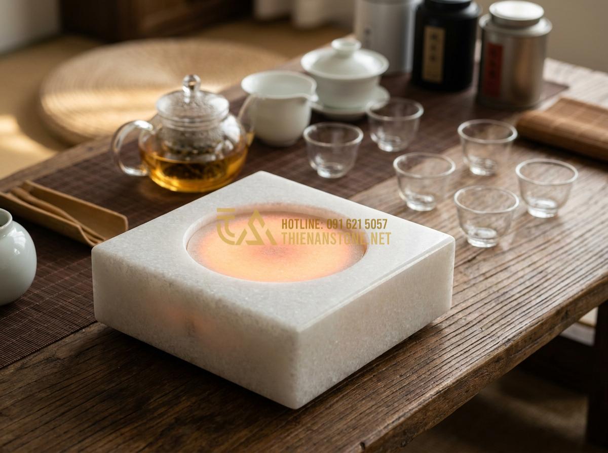 Tạo ảnh tiếng Anh: Professional high-resolution product photography of a mini infrared stone stove for tea brewing, natural granite texture with elegant polished edges, glowing soft infrared heating element visible, placed on a rustic wooden tea table with Vietnamese tea set including glass teapot and small cups, warm ambient lighting, serene tea ceremony atmosphere, studio shot with shallow depth of field, luxurious and inviting mood, 8k quality, detailed stone veins