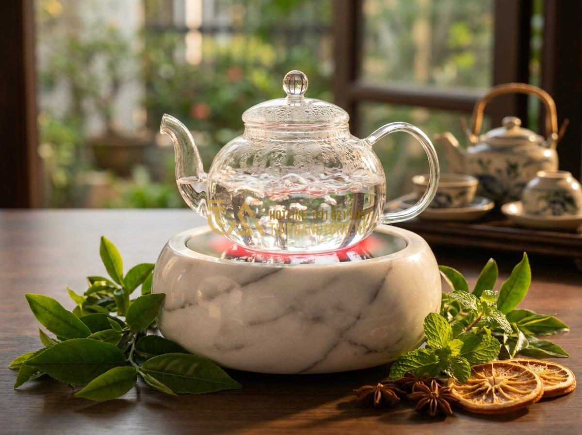 Tạo ảnh tiếng Anh: Close-up elegant image of infrared stone tea stove in use, boiling water in a clear glass teapot on top, natural stone base with visible grain patterns, soft red glow from heating element, surrounded by fresh green tea leaves and aromatic herbs, professional food photography style, warm golden hour lighting, high detail, inviting and cozy tea brewing scene for modern home, 8k resolution