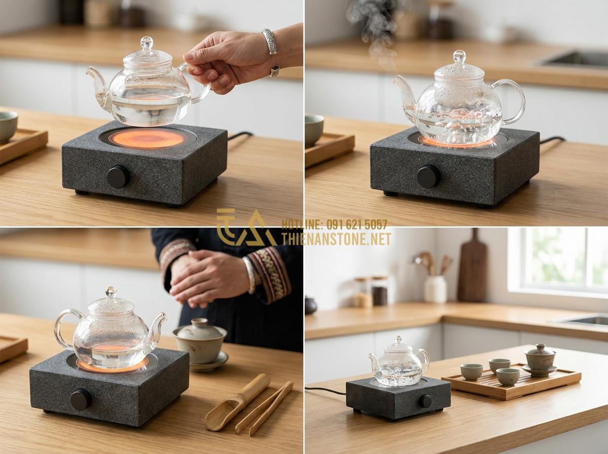 Tạo ảnh tiếng Anh: Step-by-step instructional style image showing how to use a mini stone infrared tea stove: hand placing teapot on the stove, glowing heating surface, Vietnamese artisan hands in background, clean modern kitchen counter with tea accessories, realistic product demo photography, bright lighting, instructional and clear composition, professional quality, detailed textures of stone and water boiling