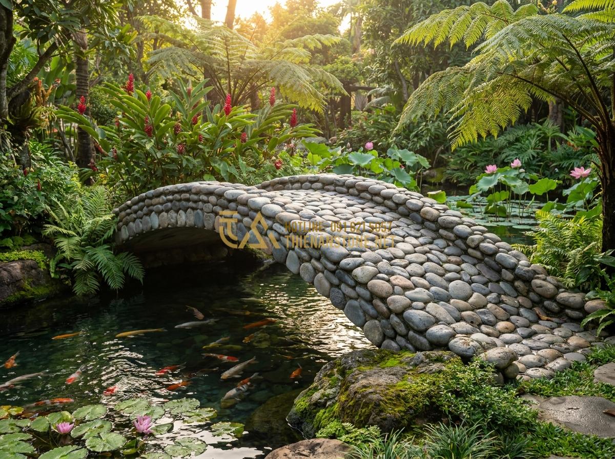 Tạo ảnh tiếng Anh: Professional high-resolution realistic photo of an elegant curved stone garden bridge made of natural granite arching gracefully over a crystal clear koi pond surrounded by lush green tropical plants and blooming flowers in a Vietnamese style garden landscape at golden hour sunset, soft natural lighting, highly detailed textures, cinematic composition, serene and peaceful atmosphere